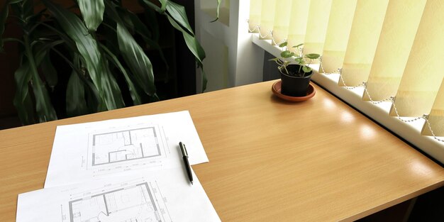 Les papiers avec le plan de la maison et la plante d'intérieur sont sur la table à l'intérieur près de la fenêtre avec des persiennes