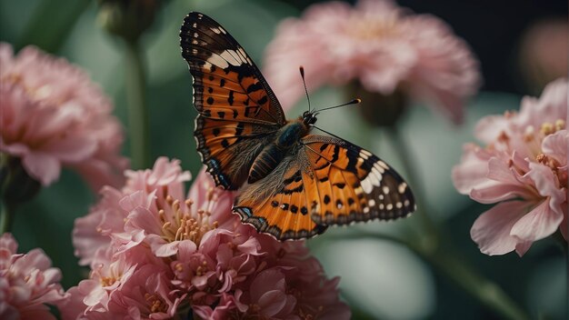 Un papillon accroché à des fleurs roses