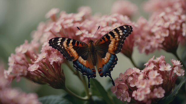 Un papillon accroché à des fleurs roses