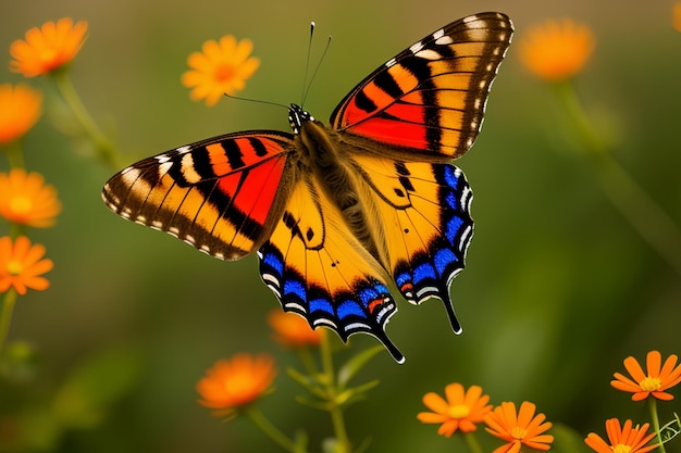 Un papillon avec une aile bleue et orange vole devant un fond vert.