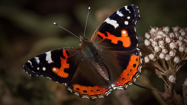 Un papillon avec des ailes rouges et des marques blanches et noires sur ses ailes est assis sur une fleur.