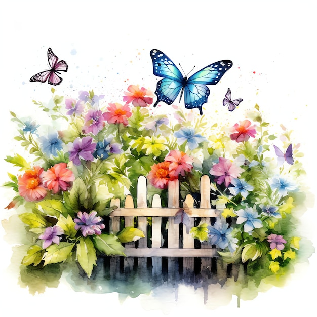 papillon à l'aquarelle sur la clôture du jardin avec des fleurs illustration clipart floral de printemps