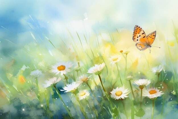 Un papillon à l'aquarelle sur des fleurs sauvages au printemps