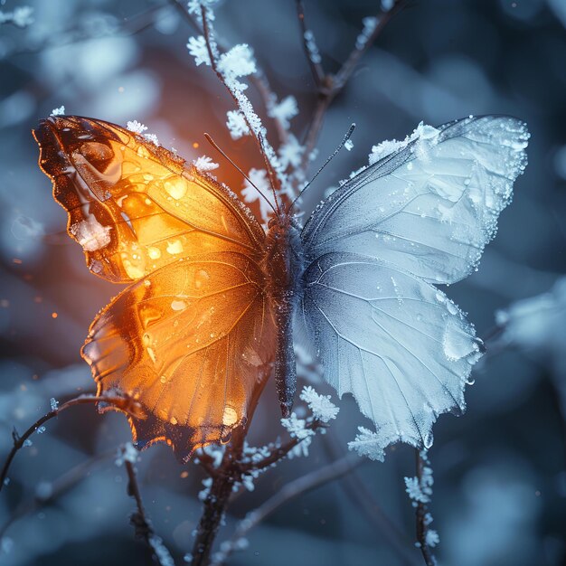 Un papillon assis sur une plante avec de la neige