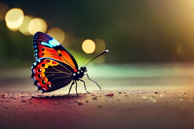 Un papillon aux ailes bleu vif est assis sur une surface en béton.