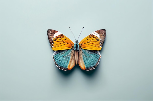 Un papillon aux ailes bleues et brunes et aux ailes jaunes
