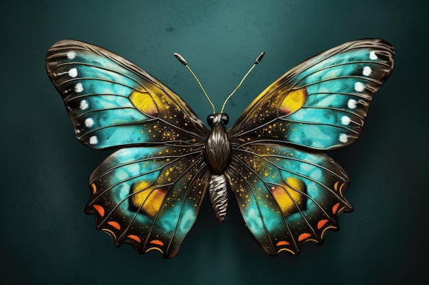 Un papillon aux ailes bleues et jaunes est assis sur un fond vert foncé.