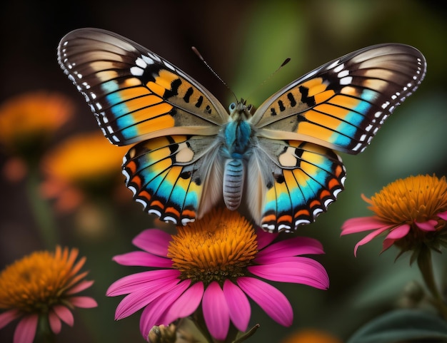 Un papillon aux ailes bleues et jaunes est posé sur une fleur rose.
