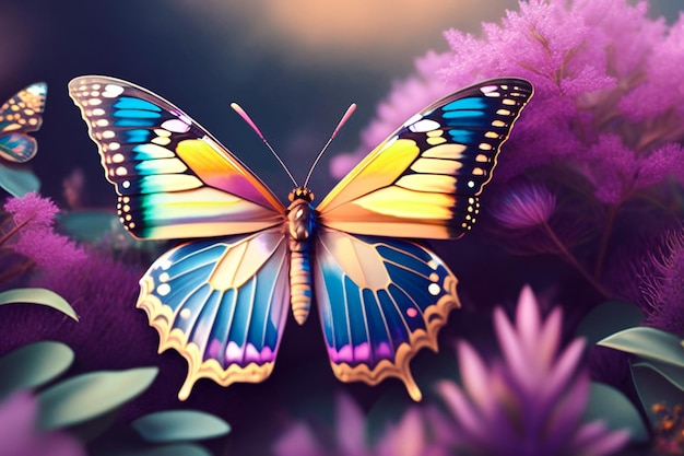 Un papillon aux ailes bleues et jaunes est posé sur une fleur violette.
