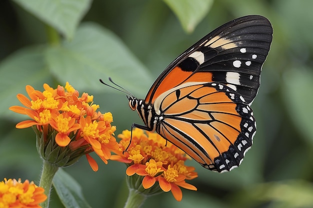Un papillon aux ailes orange et aux ailes noires et orange est perché sur une fleur