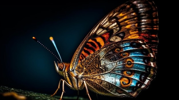 Un papillon aux ailes orange et bleues est assis sur une branche.