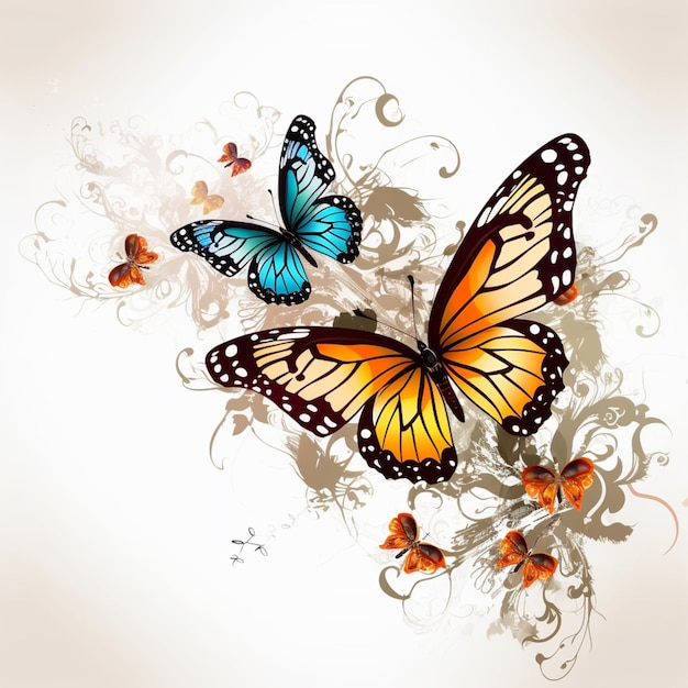 Un papillon aux ailes orange et bleues est sur un fond blanc.