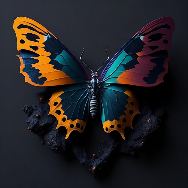 Un papillon aux ailes orange et bleues est sur fond noir.