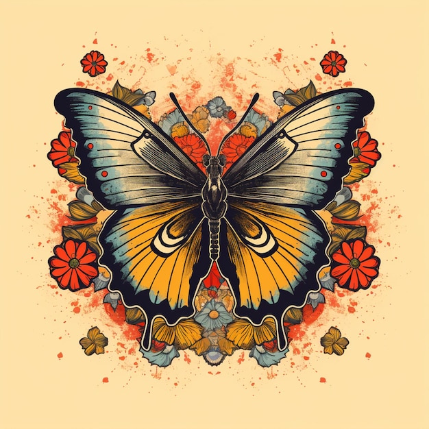 Papillon aux ailes orange et bleues et fleurs sur fond jaune ai générative
