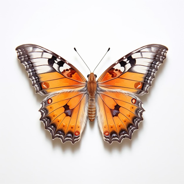 Un papillon aux ailes orange et marron est sur un fond blanc.