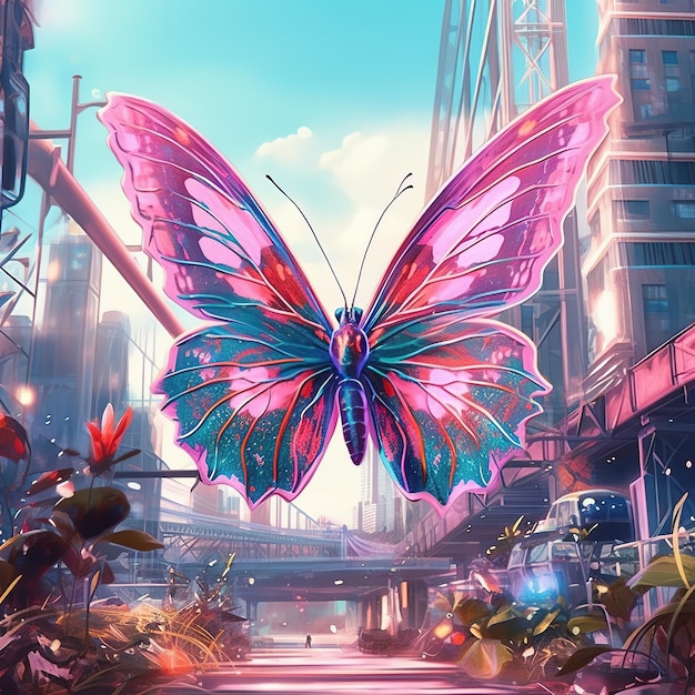 Un papillon aux ailes roses et bleues est devant un paysage urbain.