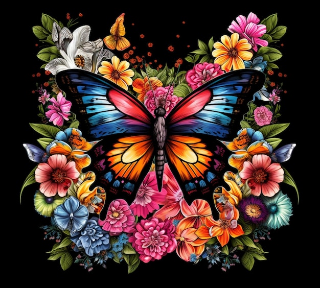 papillon aux couleurs vives entouré de fleurs et de feuilles sur fond noir ai générative