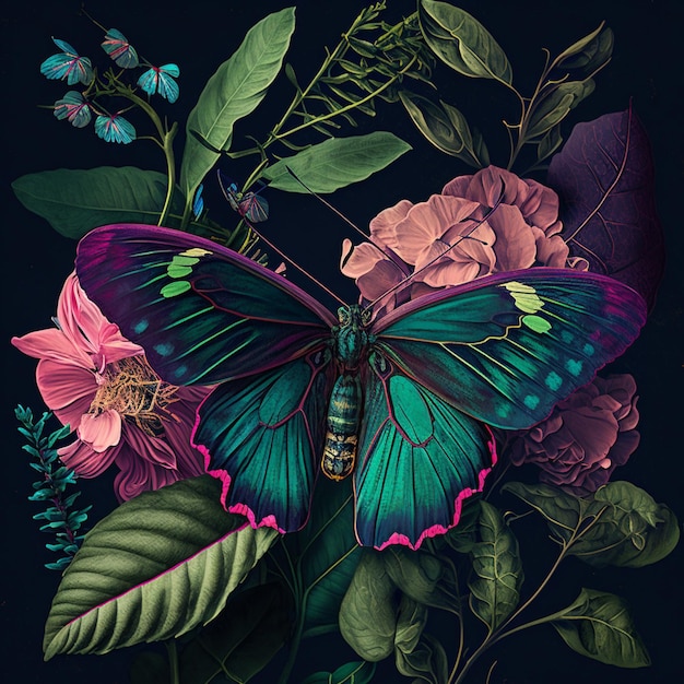 Papillon aux couleurs vives sur un fond sombre avec des fleurs et des feuilles génératives ai