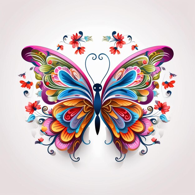 Papillon aux couleurs vives avec ornement floral sur fond blanc ai générative