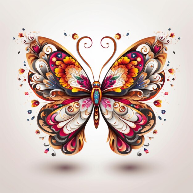 Papillon aux couleurs vives avec des tourbillons et des fleurs sur fond blanc ai générative
