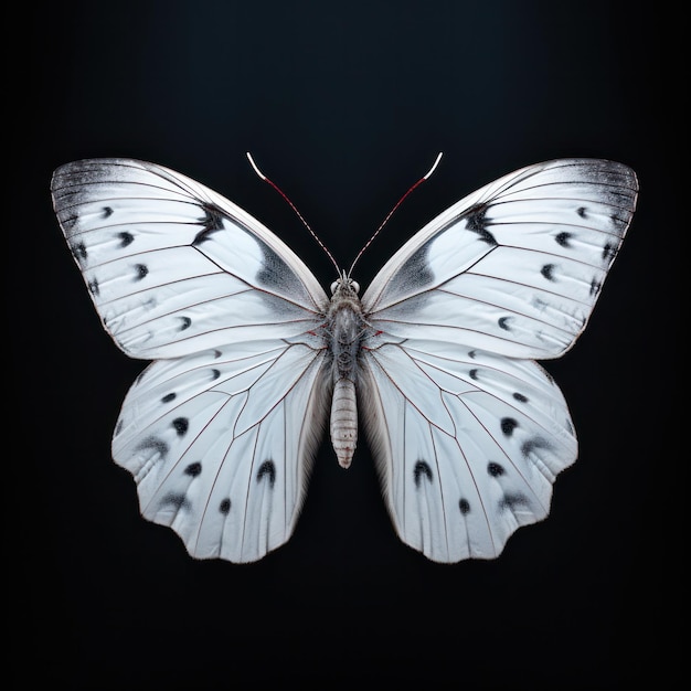 Un papillon blanc brillant isolé sur un fond noir propre