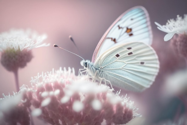 Un papillon blanc est posé sur une fleur rose.