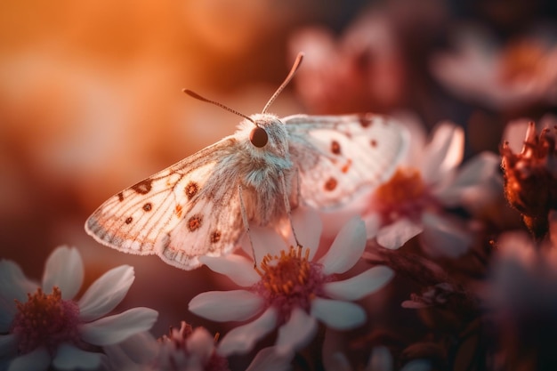 Un papillon blanc sur une fleur rose avec le soleil qui brille dessus.