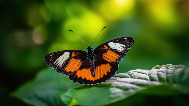 Le papillon blanc et orange sur la feuille verte