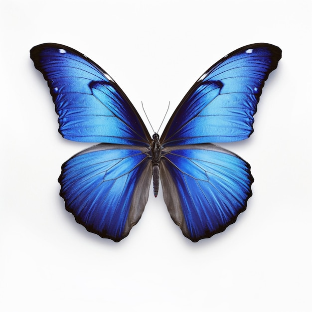 papillon bleu à arafes avec des ailes noires sur une surface blanche