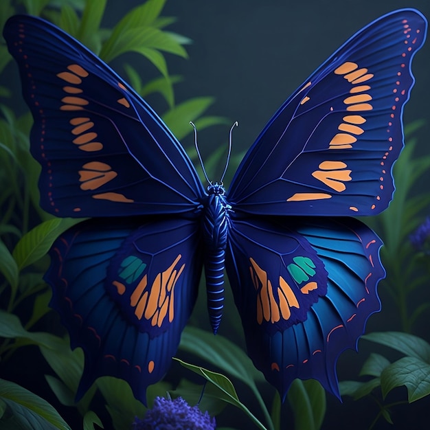 Un papillon bleu aux ailes orange et jaune se trouve dans un jardin.