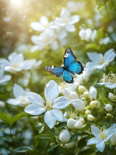 Un papillon bleu coloré vole au-dessus des fleurs de jasmin.