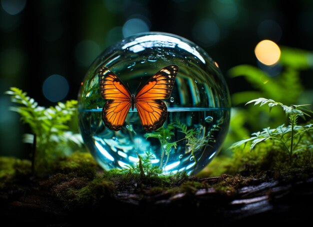 Papillon bleu dans une boule de verre sur fond de mousse Une boule de verre avec un papillon à l'intérieur