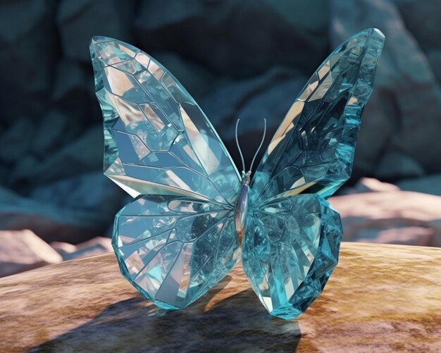 Un papillon bleu est assis sur un rocher.