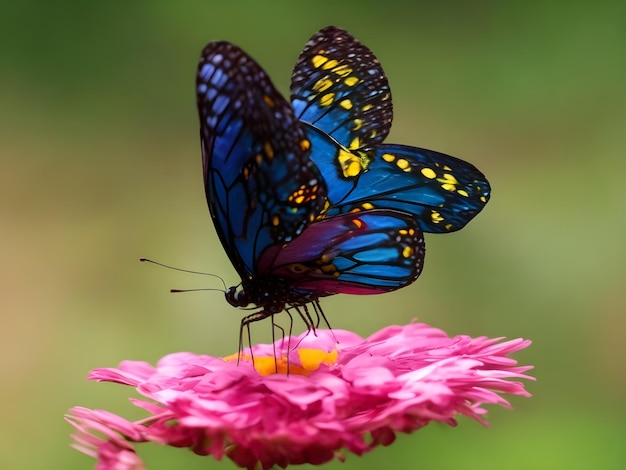un papillon bleu est sur une fleur rose avec les mots papillon