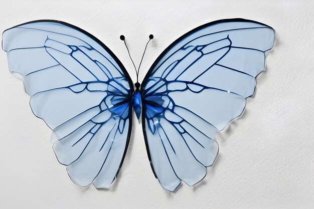 Un papillon bleu sur fond blanc.