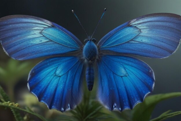 un papillon bleu avec un fond noir avec un papillon Bleu dessus