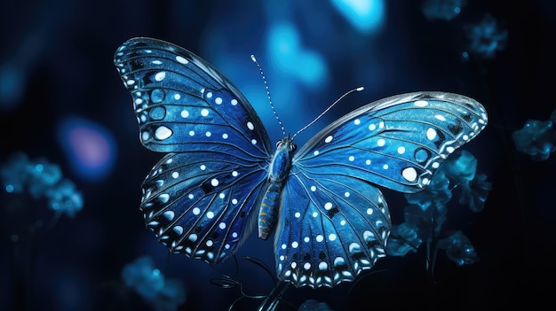 Un papillon bleu sur un fond sombre
