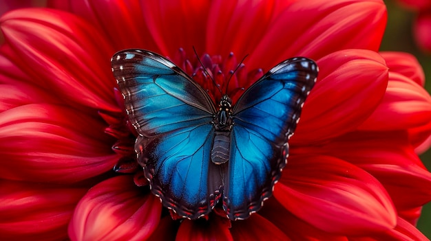 papillon bleu et noir reposant sur le pétale d'une fleur rouge vif