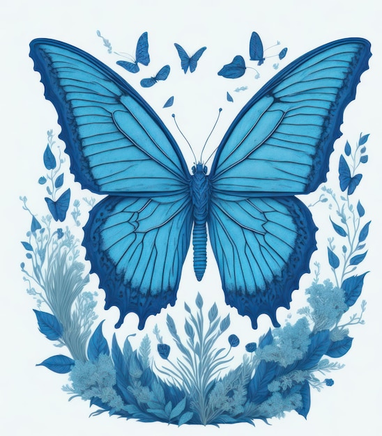 Un papillon bleu avec un papillon dessus