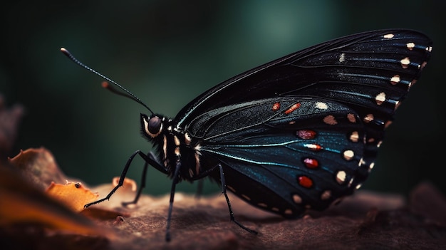 Un papillon bleu à pois rouges est posé sur un morceau de bois.