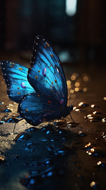 Un papillon bleu sous la pluie