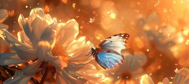 un papillon bleu volant dans une belle fleur