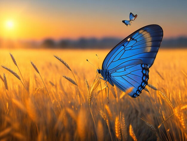 Un papillon bleu vole au-dessus d'un champ de blé généré par ai