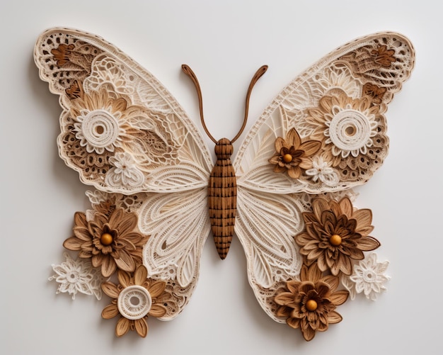 Un papillon en bois et fleurs