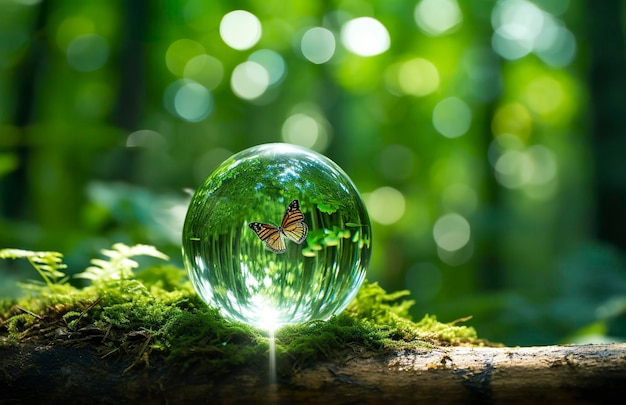 Papillon et boule de cristal sur une souche d'arbre dans le fond vert naturel de la forêt AI générative