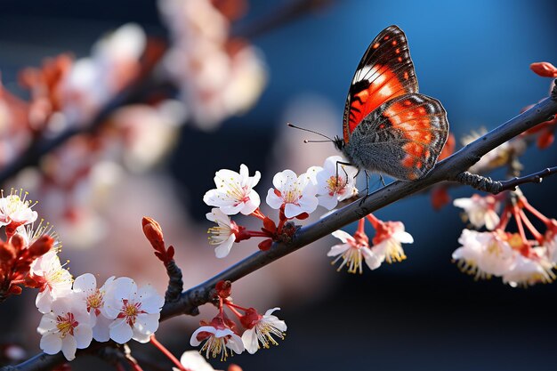 Photo le papillon sur la branche d'un arbre en fleur