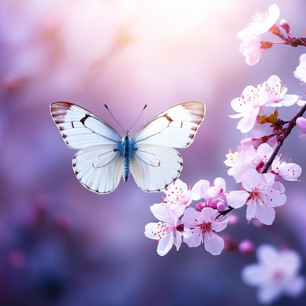 Papillon sur une branche de cerisiers en fleurs Arrière-plan de printemps Arrière-fond de la nature