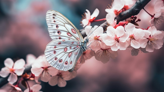 un papillon sur une branche avec des fleurs roses