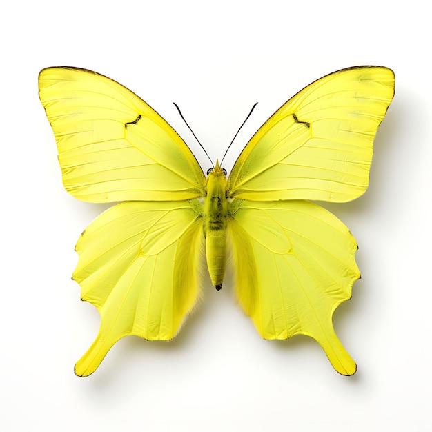 Photo papillon brimstone mettant en valeur son jaune vif sur fond blanc, séance photo vue de dessus de beauté