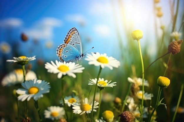 Papillon sur camomille dans le pré